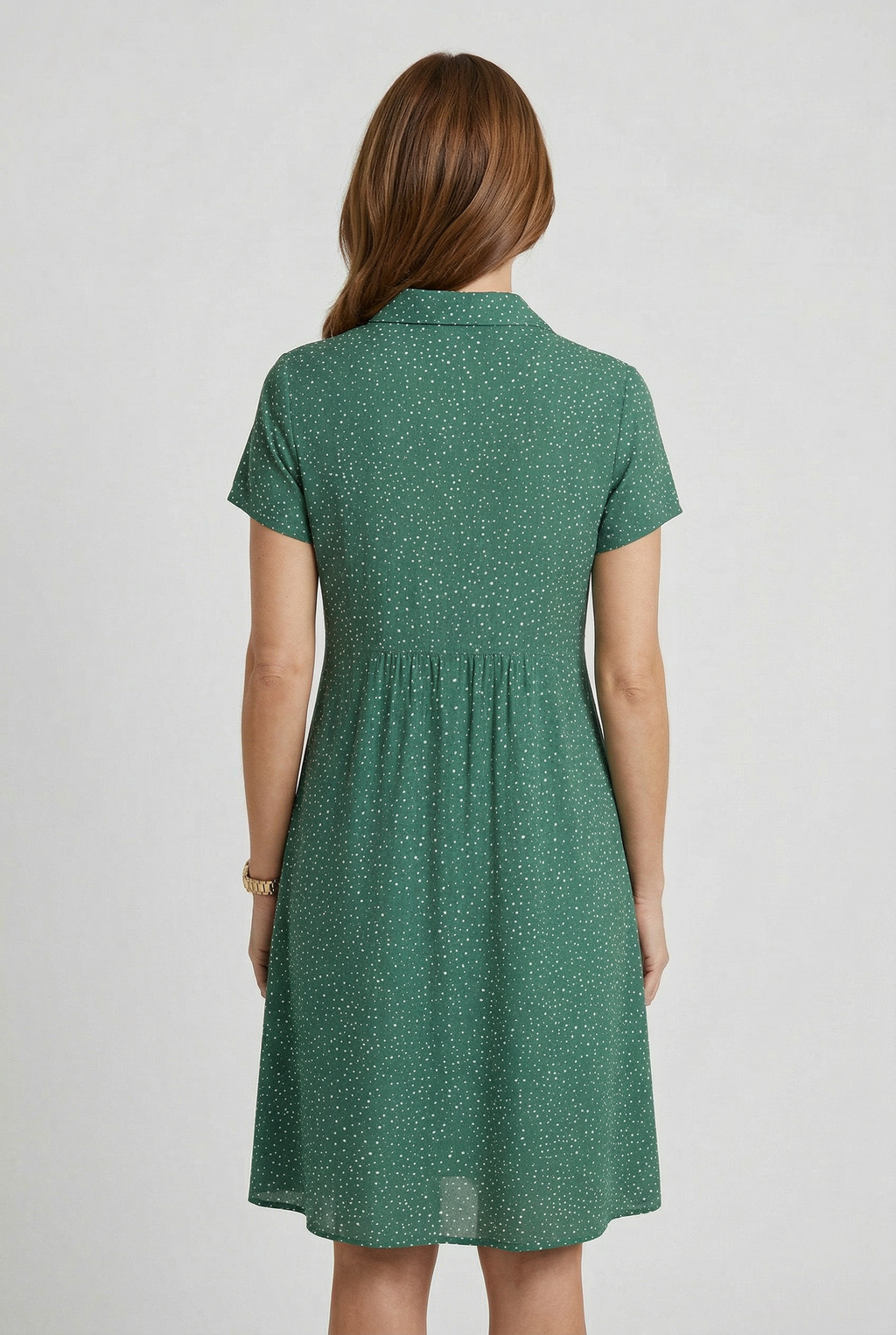 Women's collared split neck midi dress, side profile view