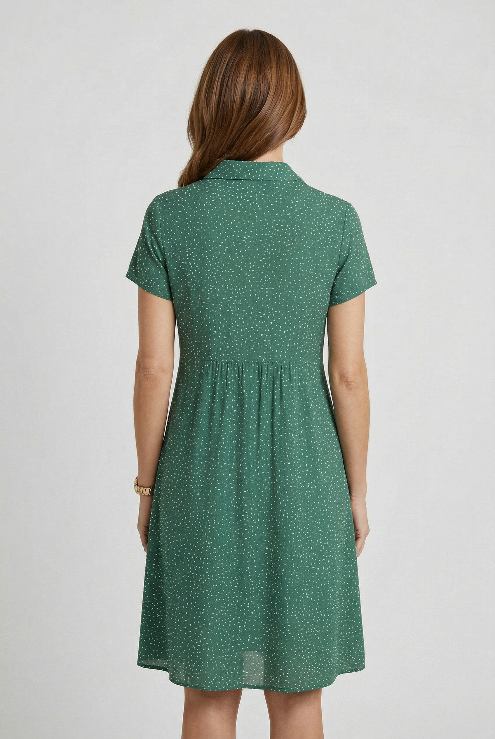 Women's collared split neck midi dress, side profile view