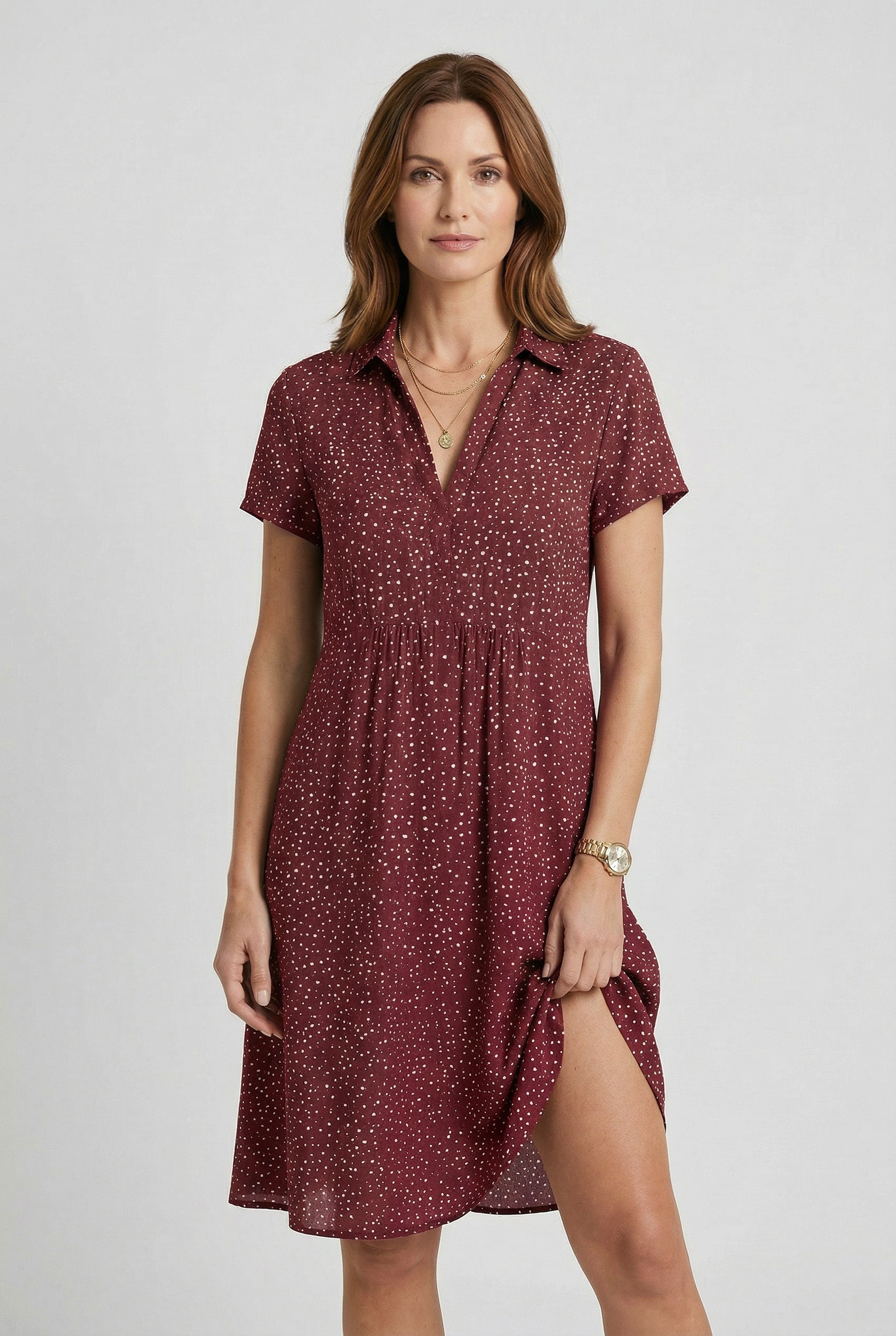 Women's collared split neck midi dress, alternate colour front view