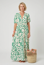 Women's printed V-neck summer midi dress with pleats, front view