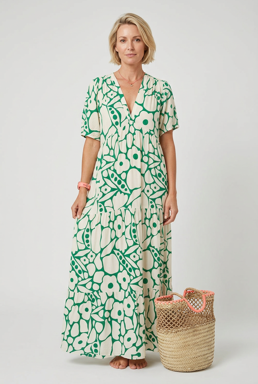 Women's printed V-neck summer midi dress with pleats, front view