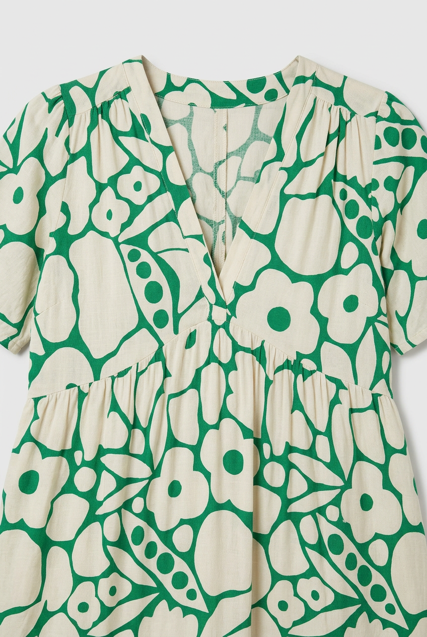 Women's pleated print summer midi dress, close-up of print and fabric