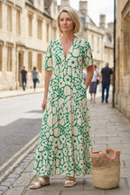Women's V-neck printed midi dress, back view
