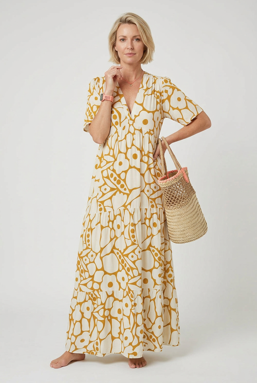 Women's summer midi dress with pleats, full length front view