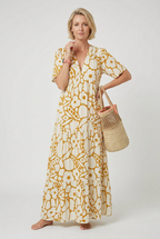 Women's summer midi dress with pleats, full length front view