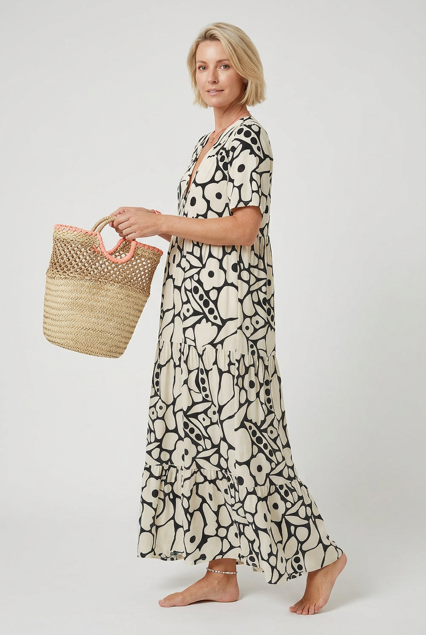 Women's pleated print summer dress, second print option full length