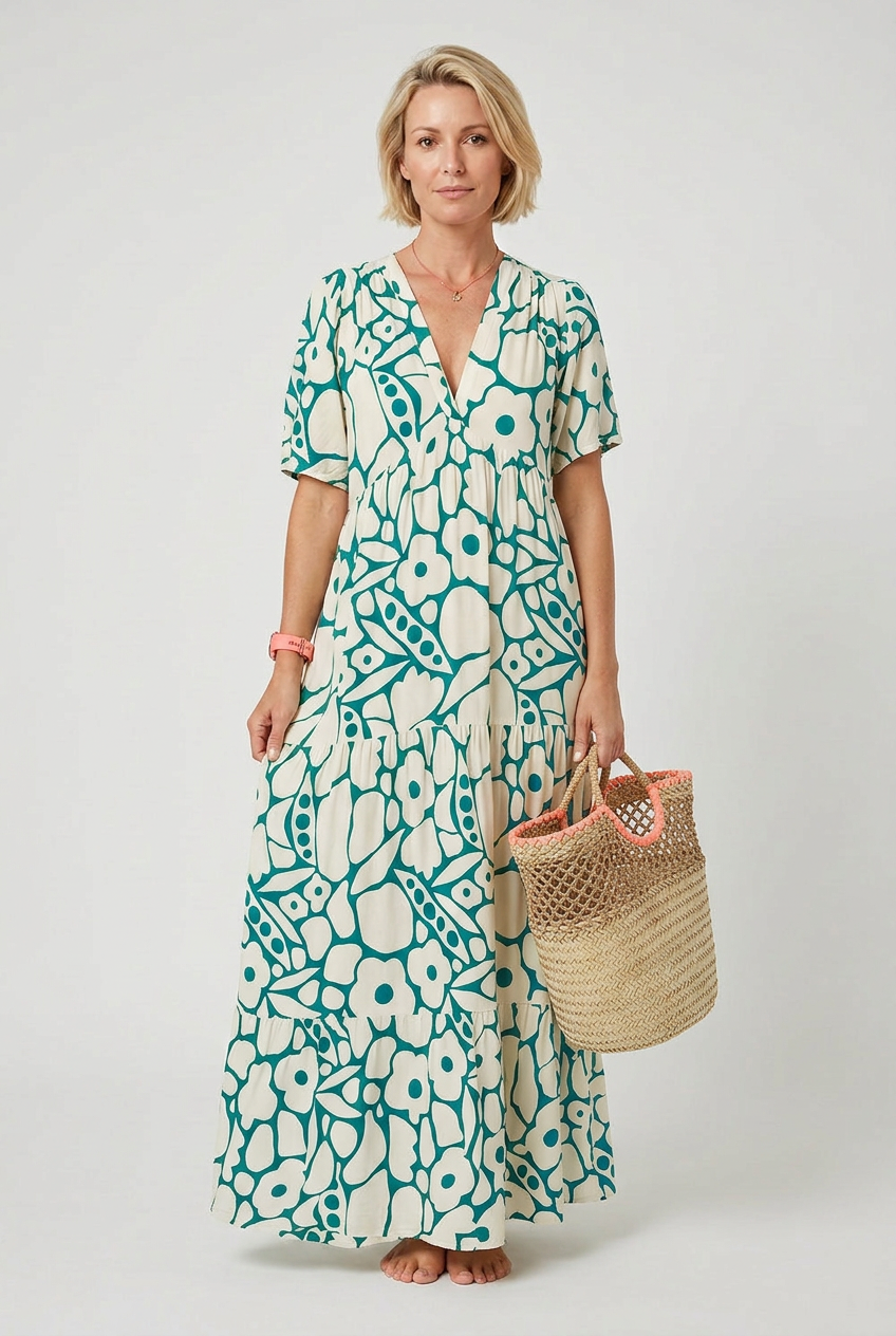 Women's V-neck printed midi dress styled for a casual summer occasion