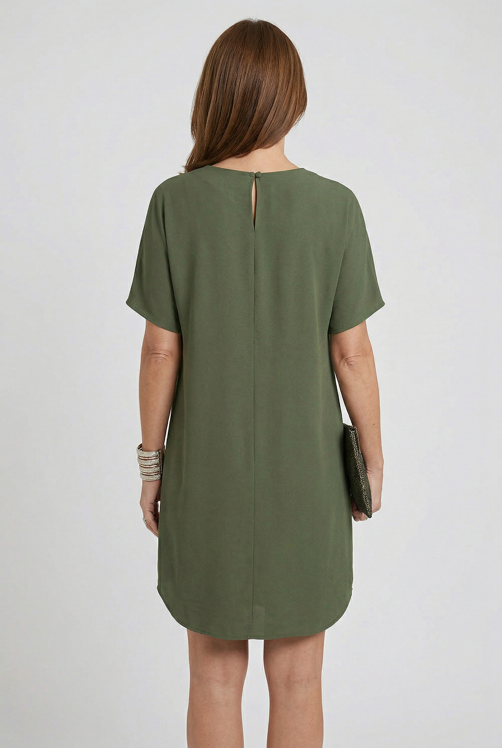 Women's V-neck summer mini dress with short split sleeves, side profile view