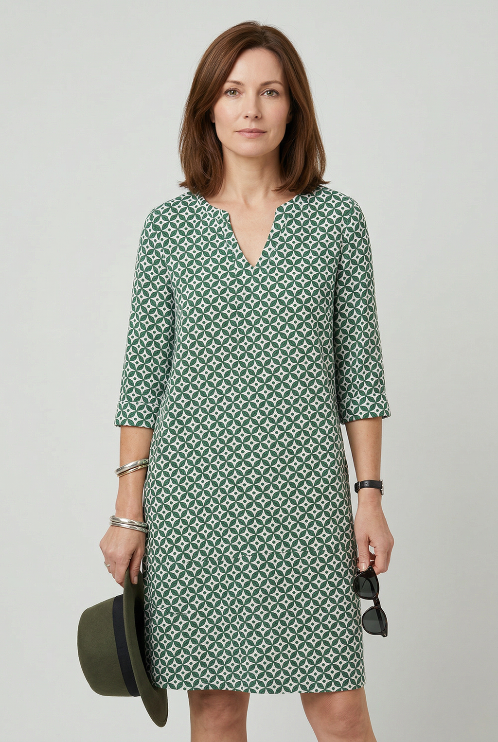 Women's vintage print split neck midi dress, front view