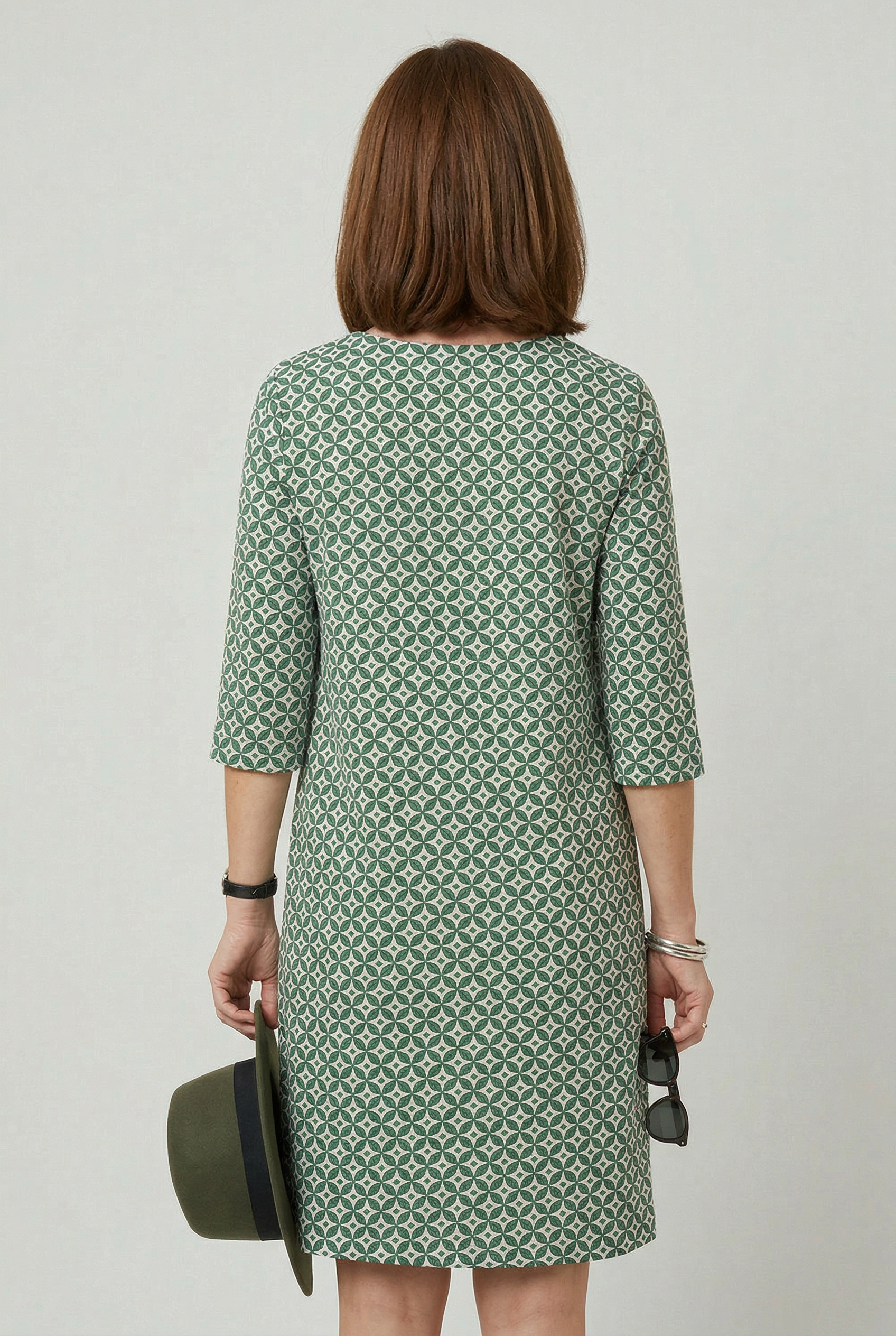 Women's vintage print split neck midi dress, side profile view