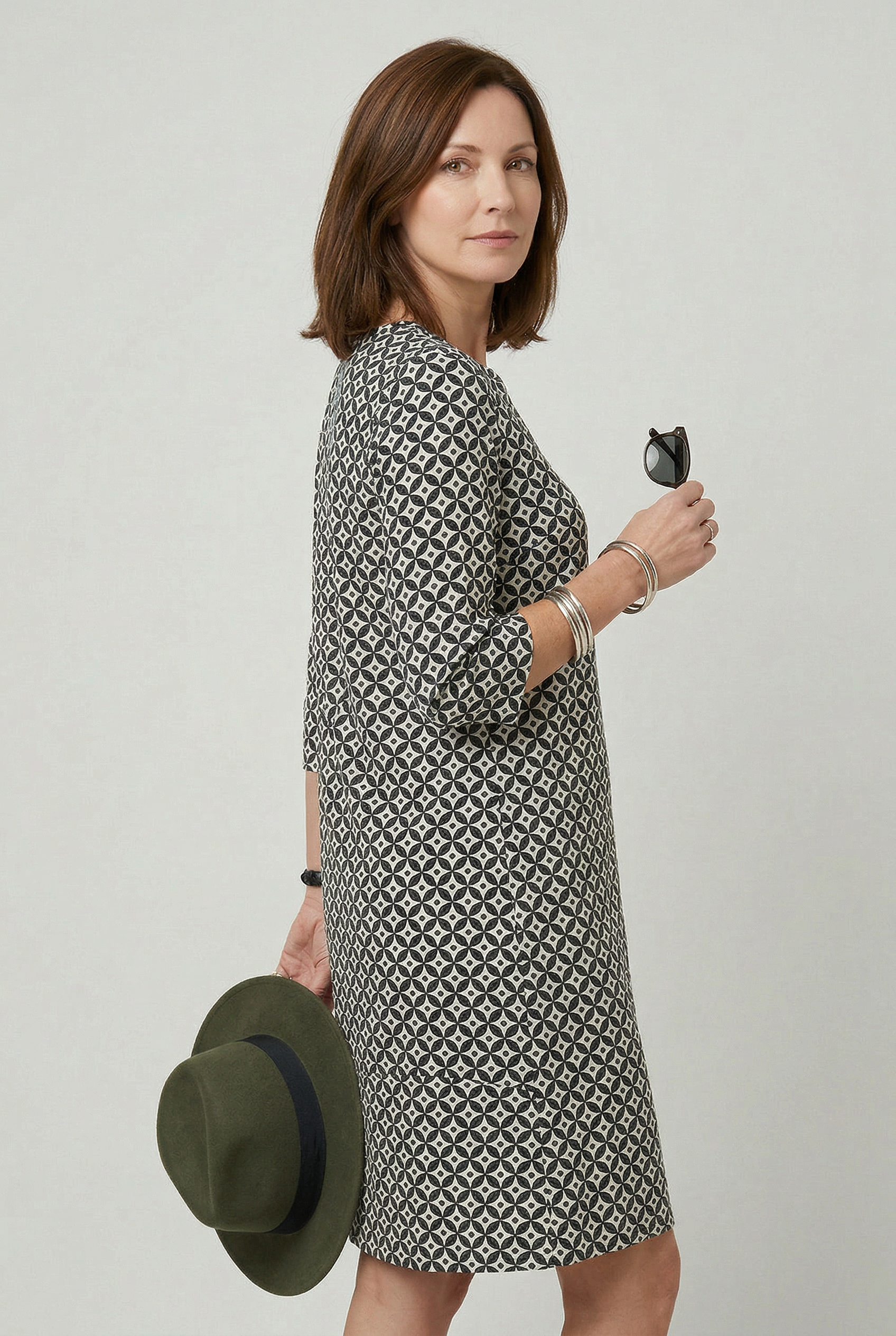 Women's vintage print split neck midi dress, alternate colour front view