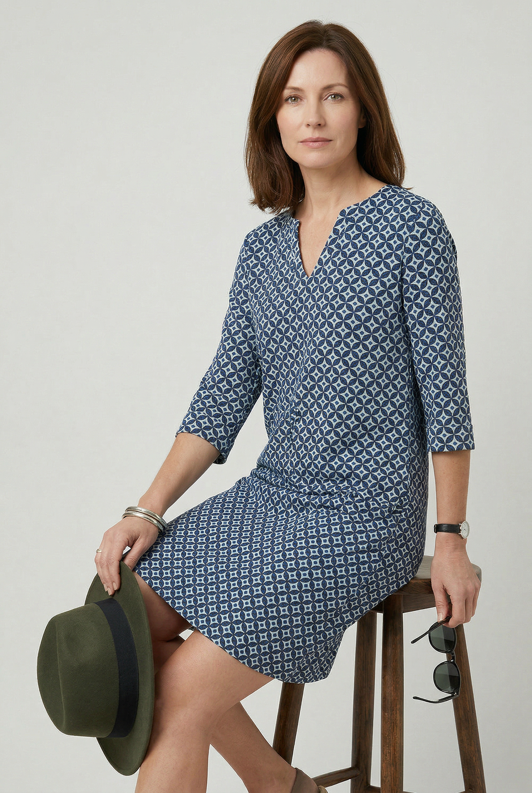 Women's vintage print split neck midi dress, alternate colour side view