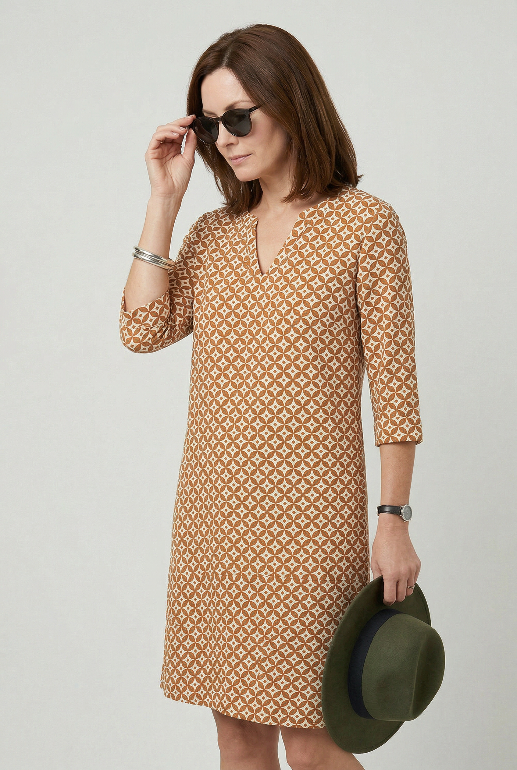 Women's vintage print split neck midi dress, alternate colour back view