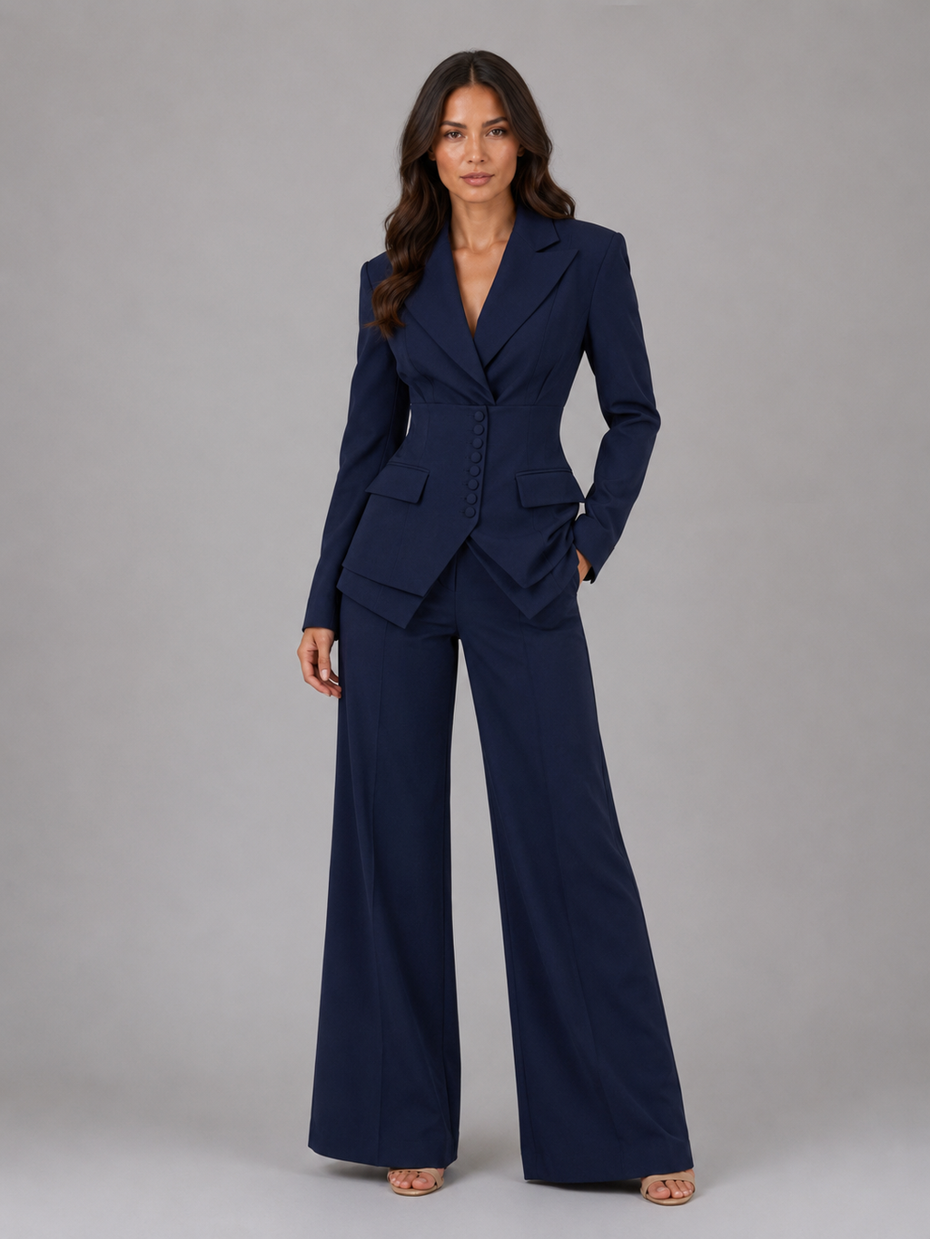 Cinched-Waist Blazer & Wide-Leg Trouser Suit