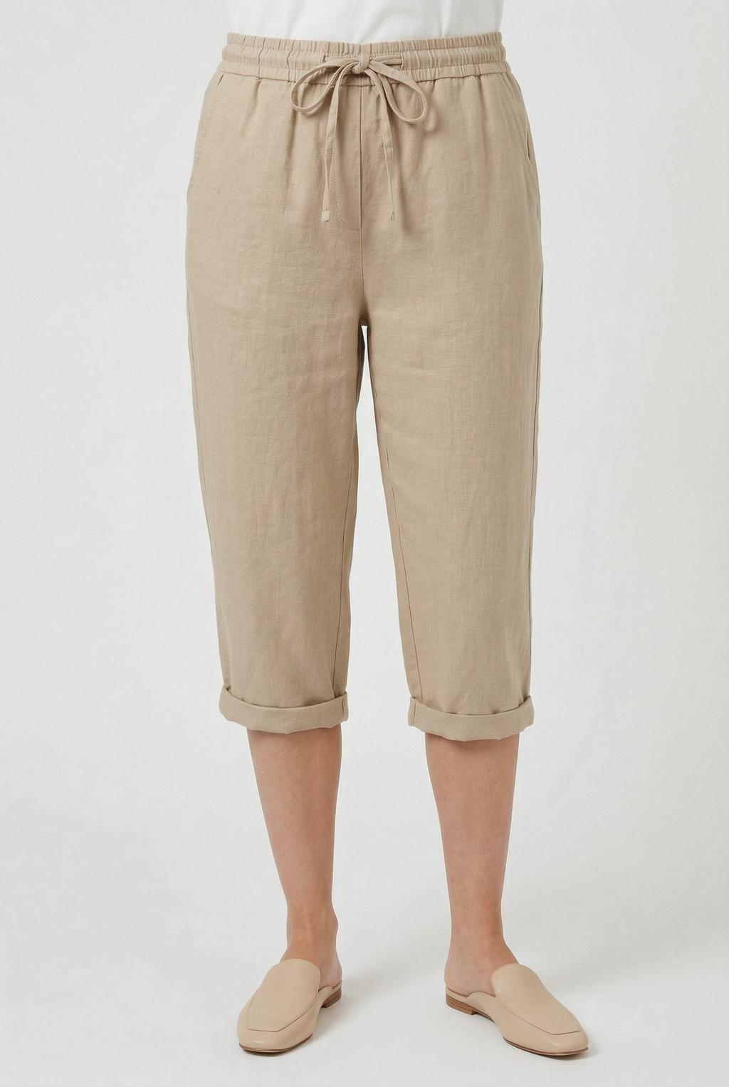 Women's linen-look roll-up trousers with drawstring, front view