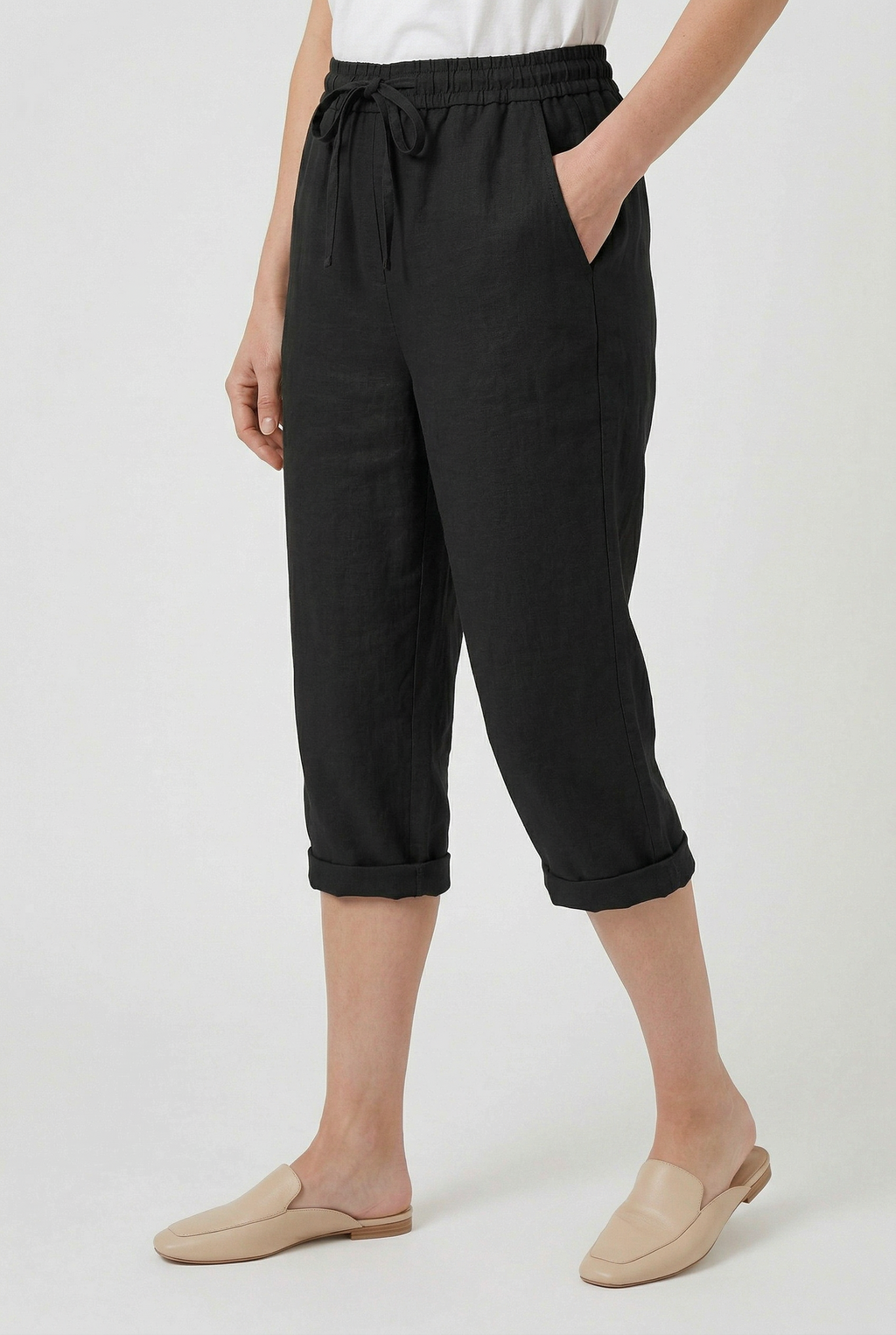 Women's drawstring linen-look trousers, full length front view