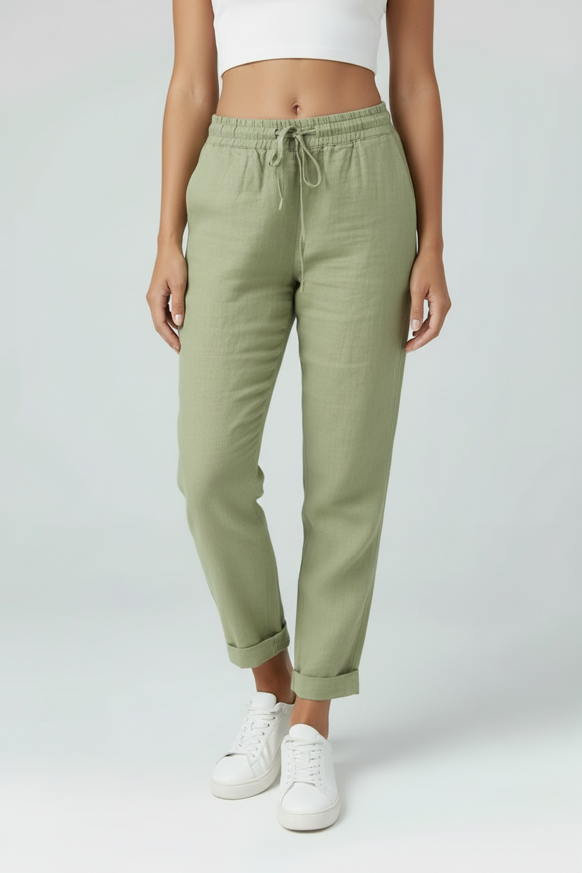 Women's linen-look high waist trousers with drawstring, front view