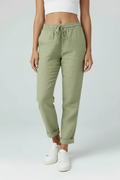 Women's linen-look high waist trousers with drawstring, front view