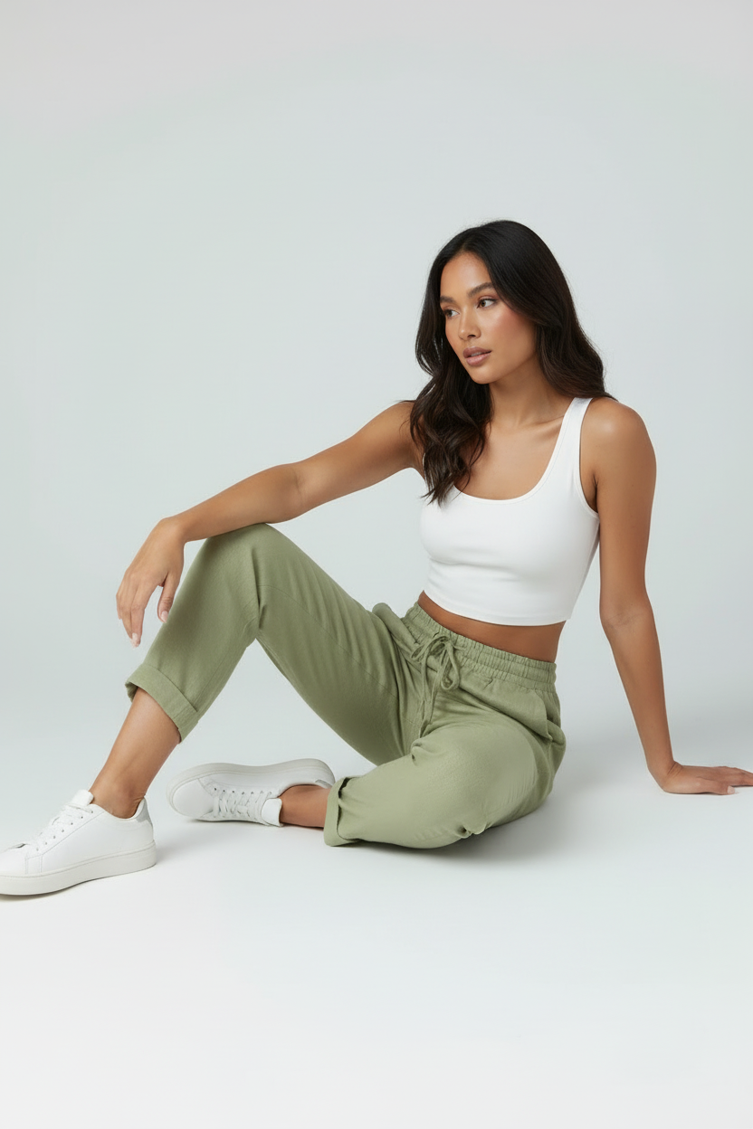 Women's linen-look drawstring trousers, side view