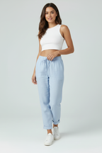 Women's linen-look trousers, full length front view