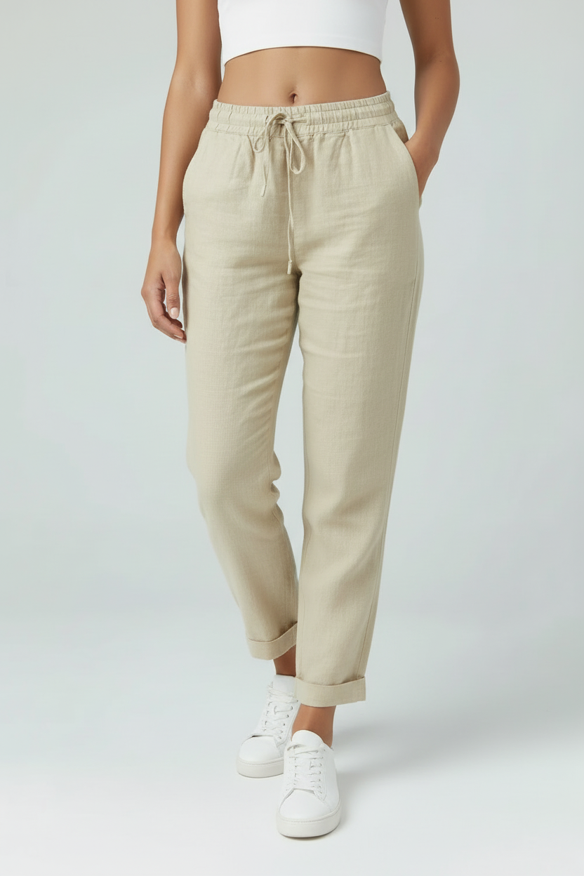 Women's high waist drawstring trousers in alternate colour, front view