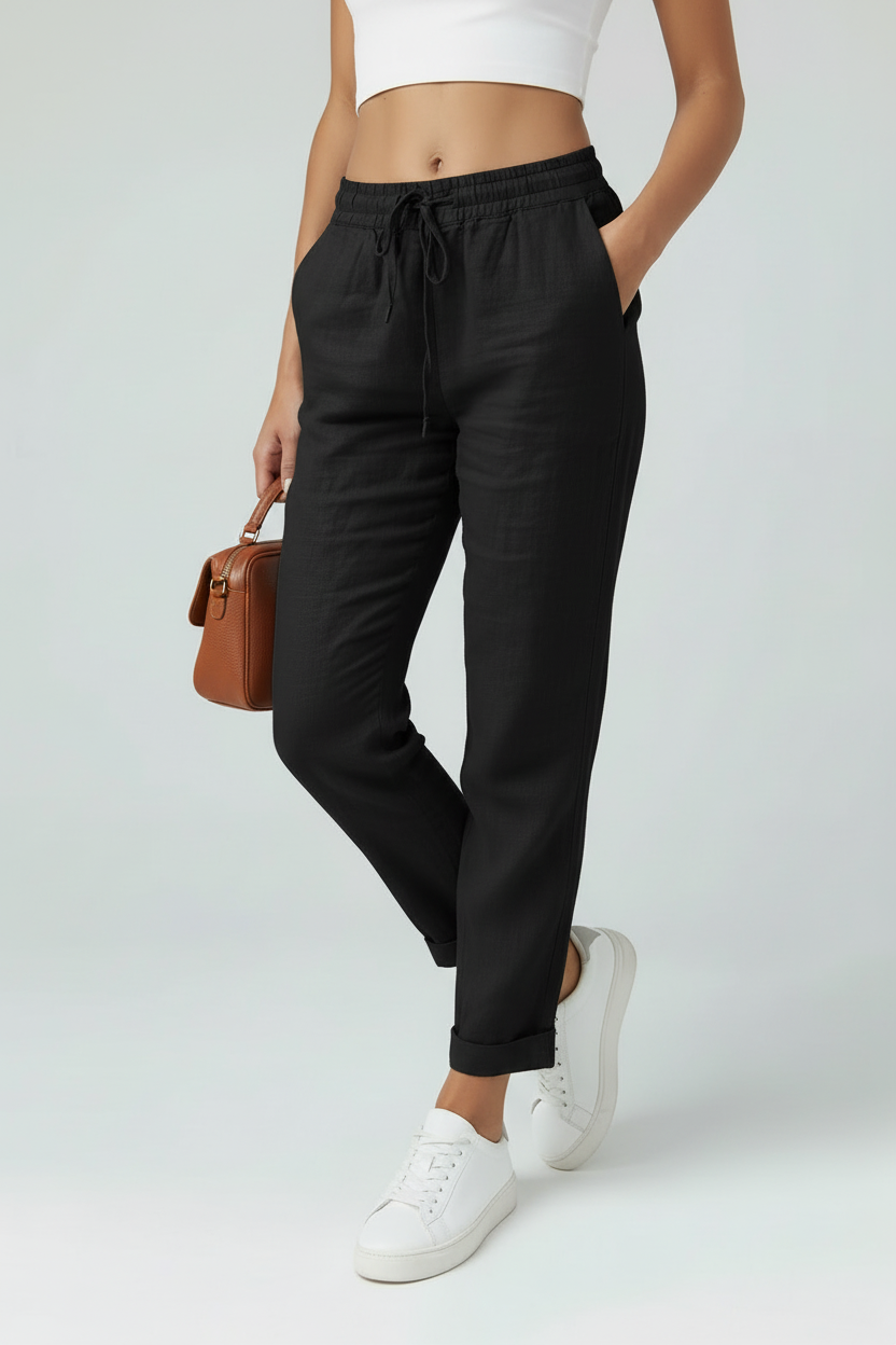 Women's relaxed linen-look trousers, third colour front view