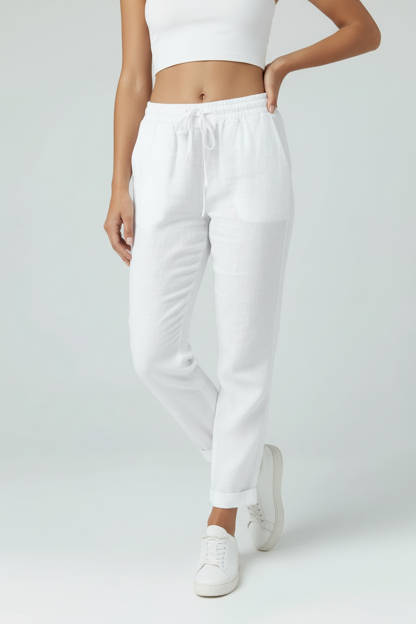 Women's linen-look high waist trousers styled for a casual summer occasion
