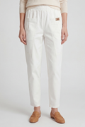 Straight-leg trousers with elasticated waist in white, front view