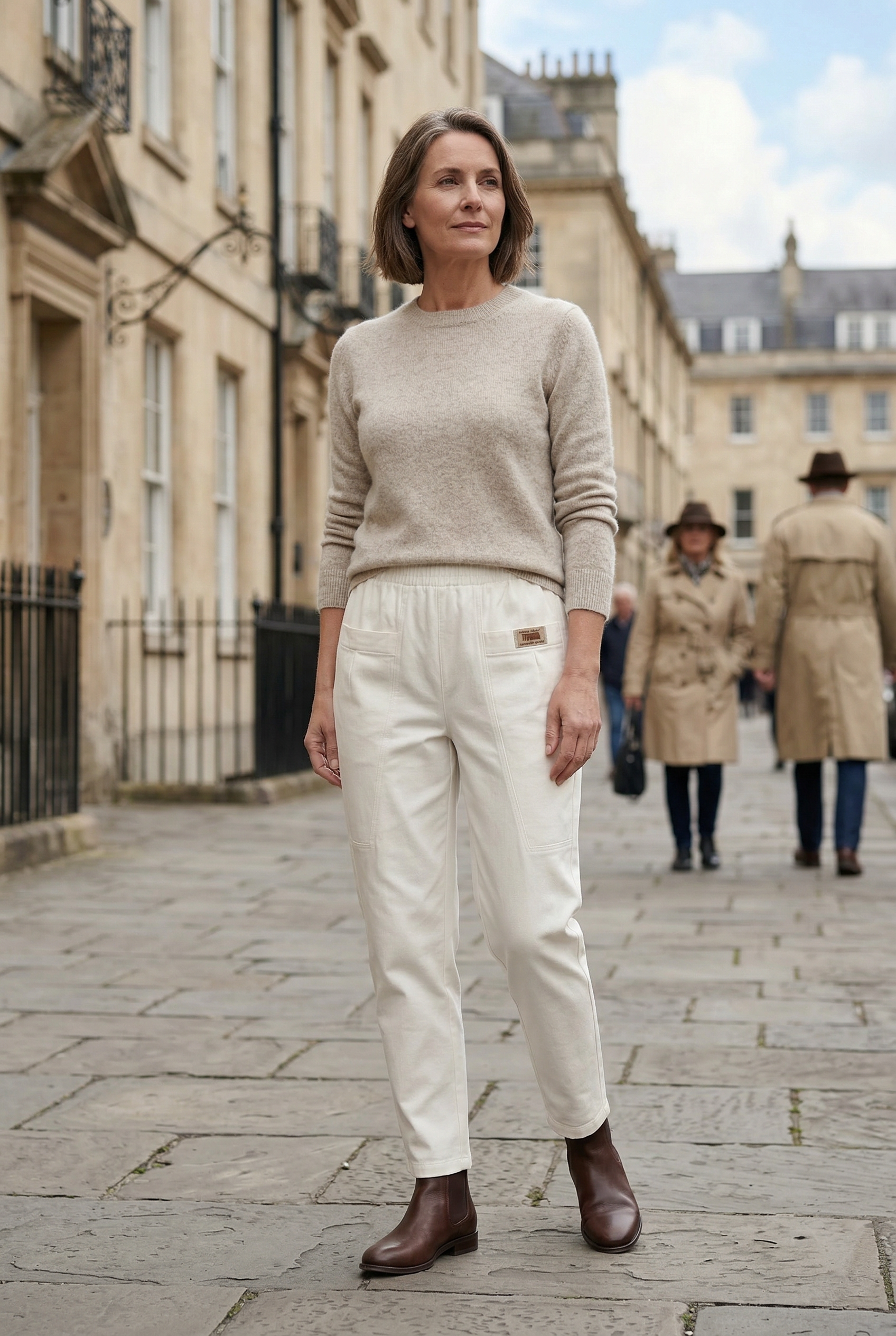Straight-leg elasticated waist trousers, full length front view