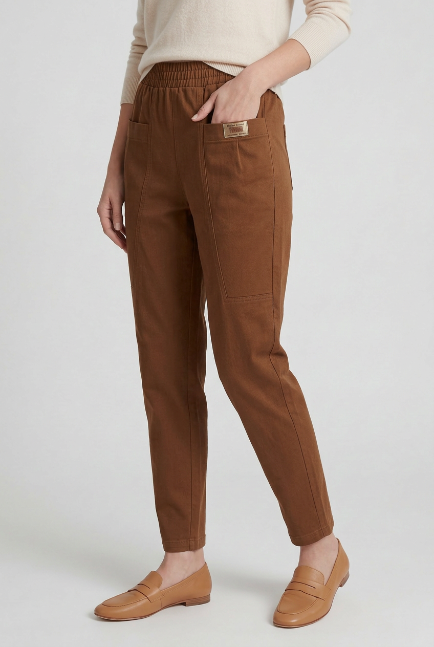 Straight-leg trousers with elasticated waist in sand, alternative colour front view
