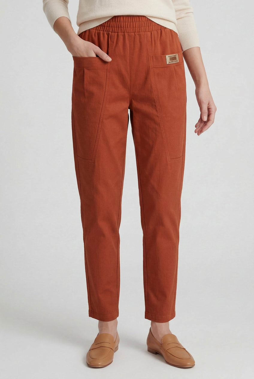 Straight-leg trousers with elasticated waist in brown, alternative colour front view