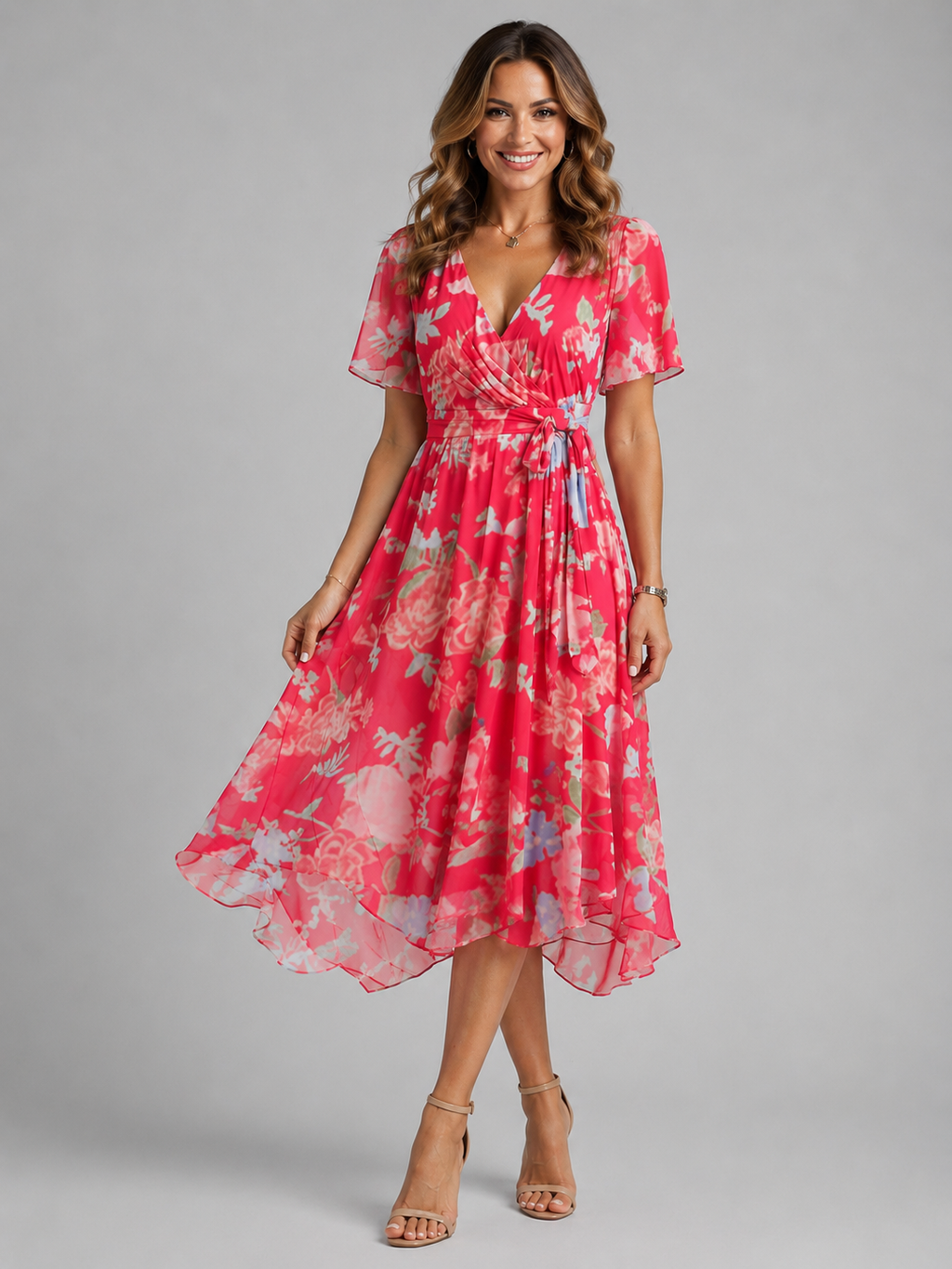 Blue V-neck summer dress three-quarter view