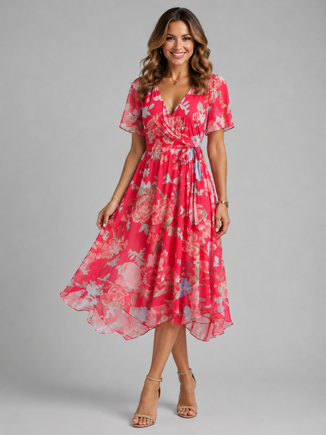 Blue V-neck summer dress three-quarter view