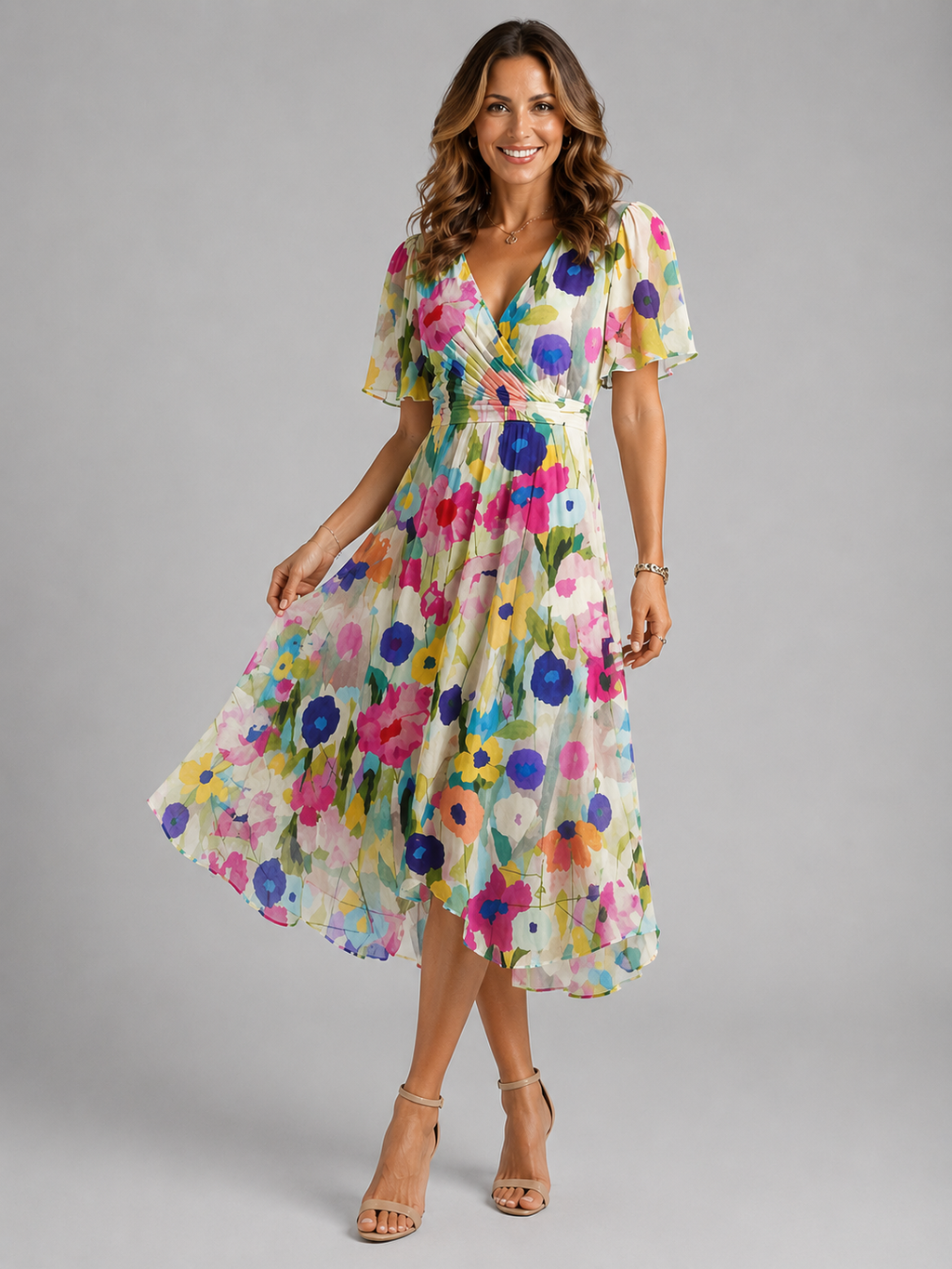 V-neck summer dress full length rear view