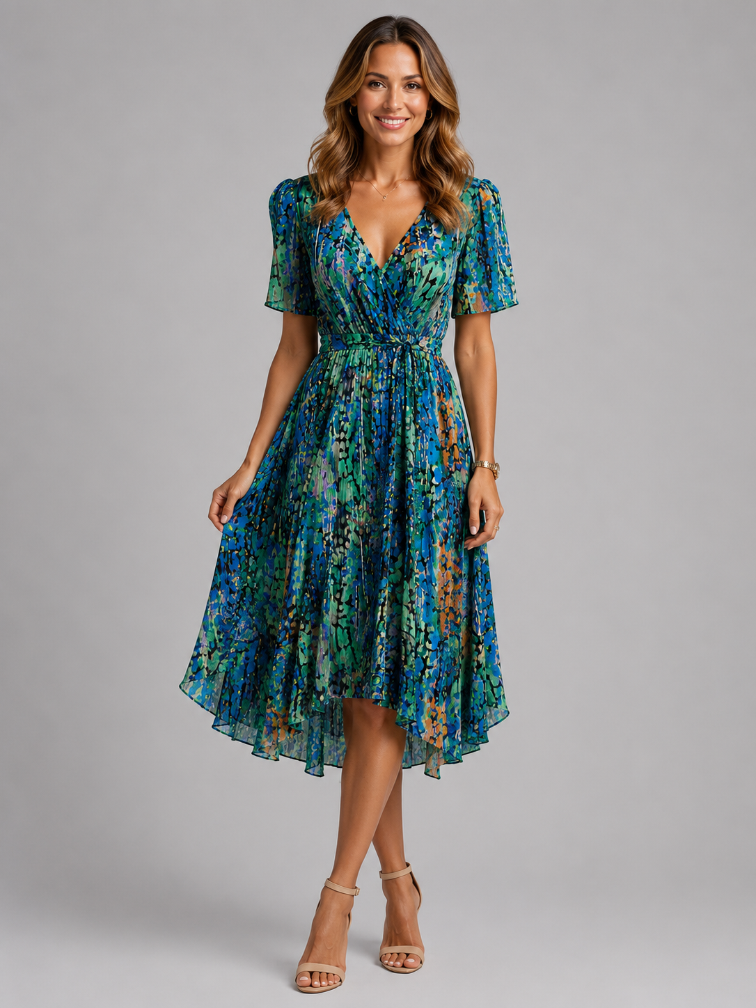 Floral Tummy Control Wrap Midi Dress