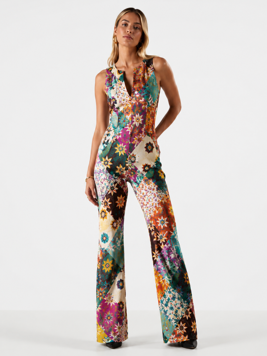 Multicolor floral denim jumpsuit, front view