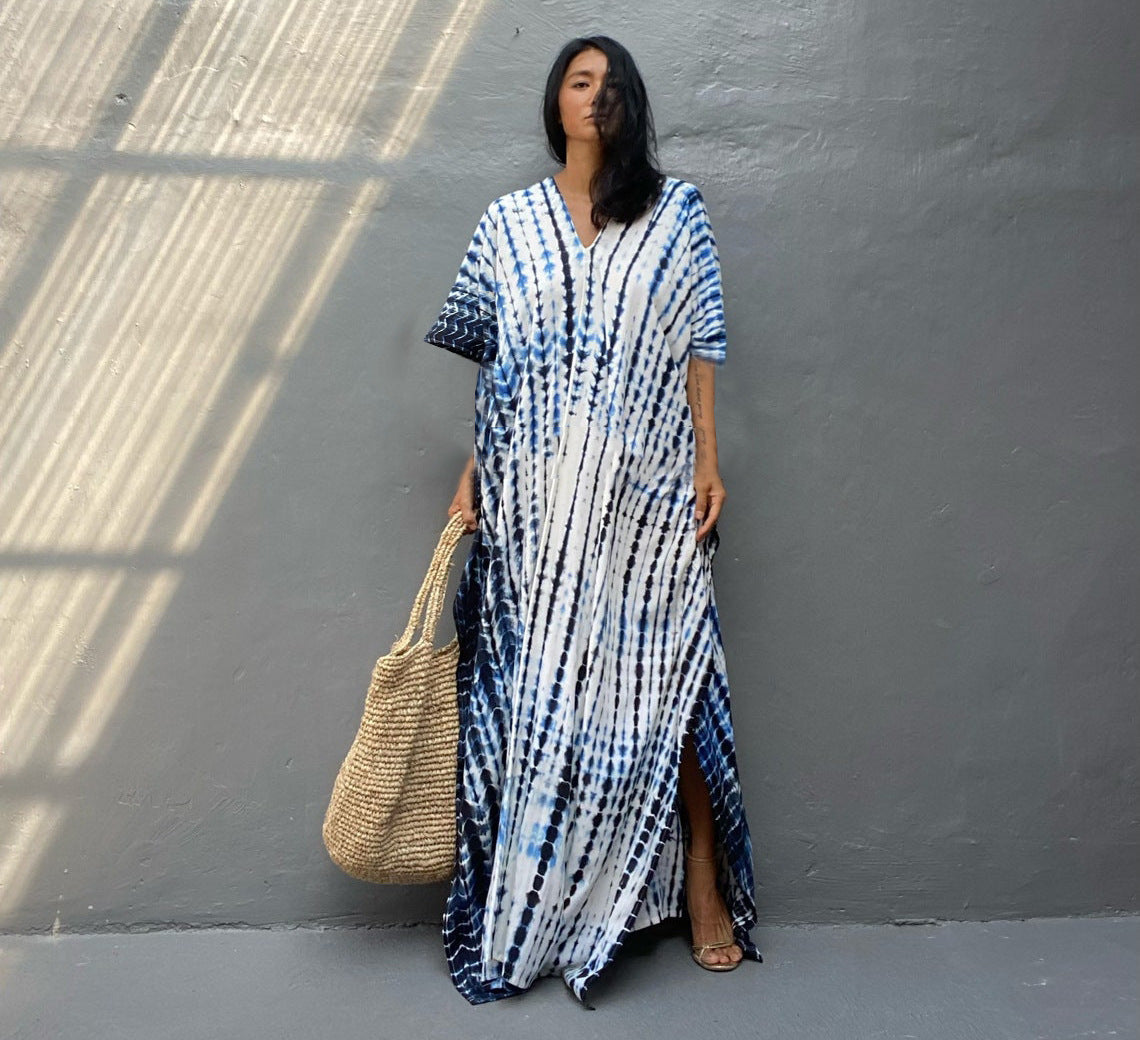 Cotton maxi dress neckline detail close-up