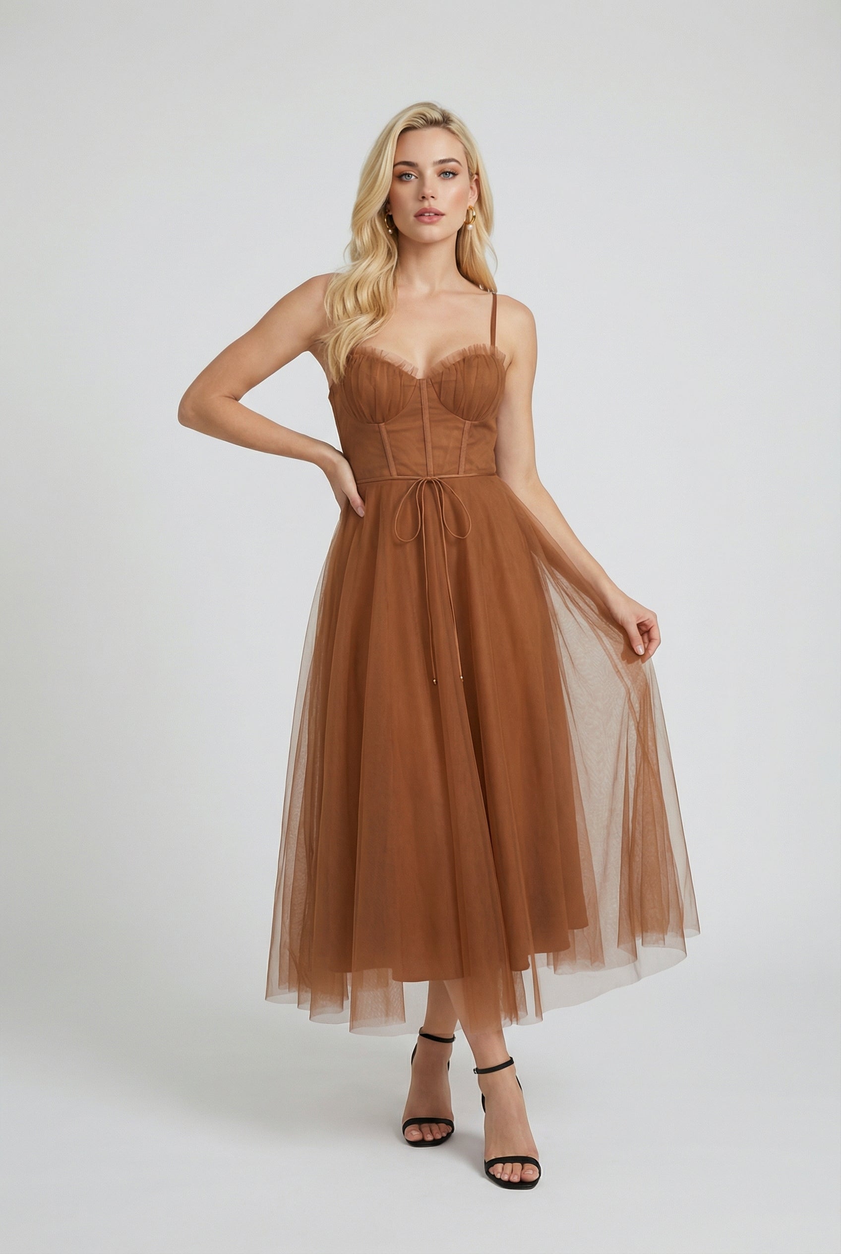 Women's Rust Chiffon Midi Dress with Corset Bodice & Ruffle Trim