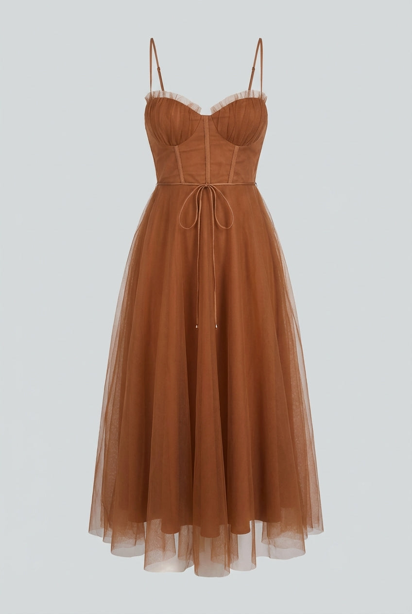 Women's Rust Chiffon Midi Dress with Corset Bodice & Ruffle Trim
