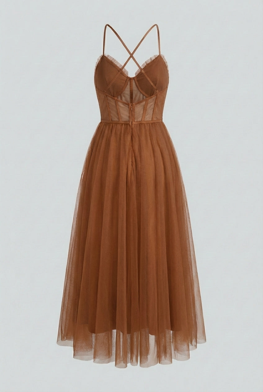Women's Rust Chiffon Midi Dress with Corset Bodice & Ruffle Trim