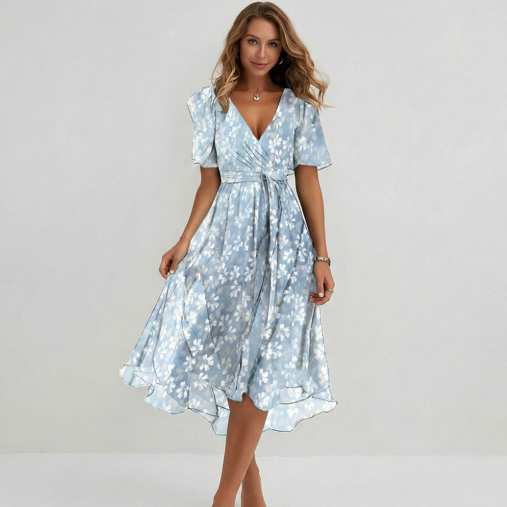 Floral wrap midi dress in blue, V-neckline front view