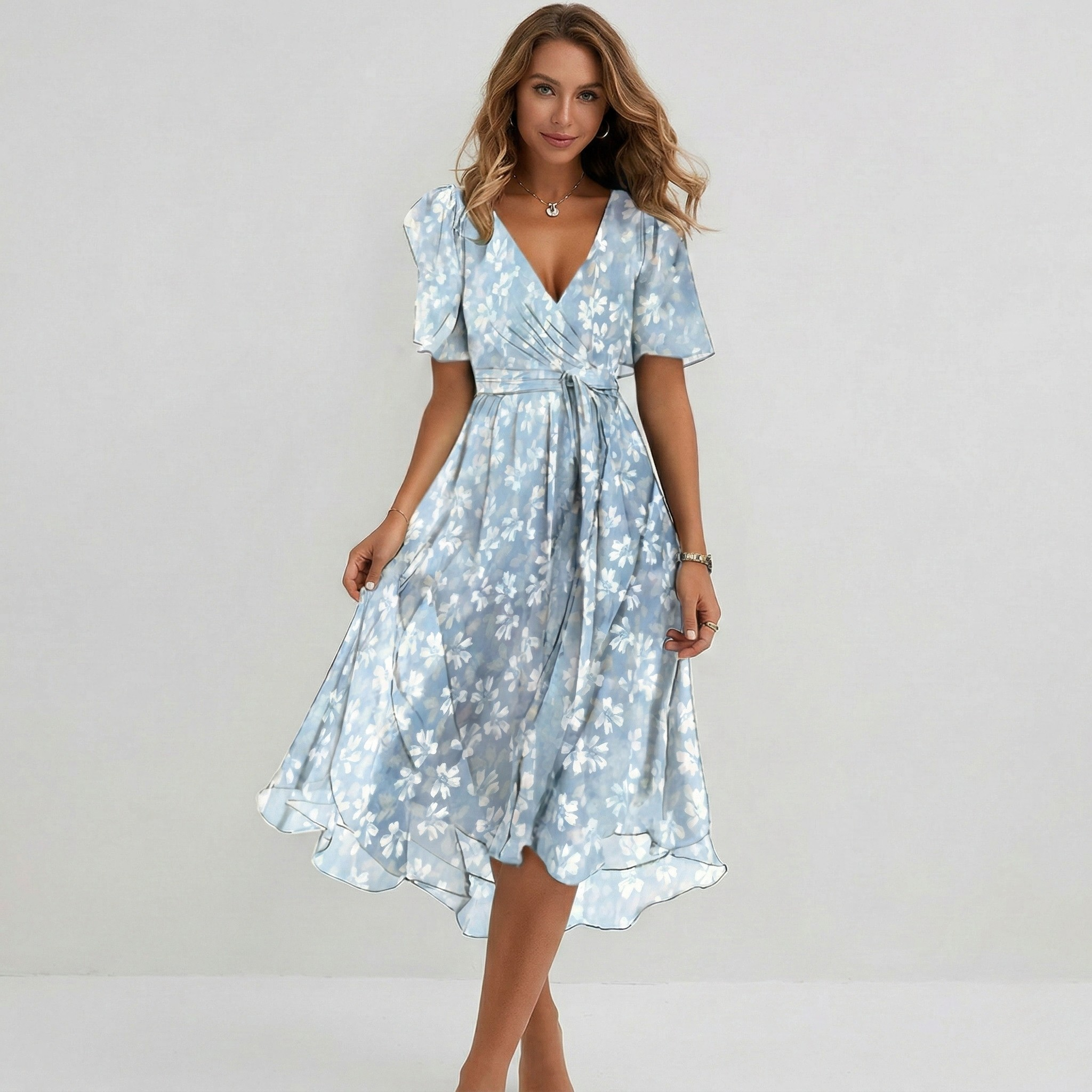 Floral wrap midi dress in blue, V-neckline front view