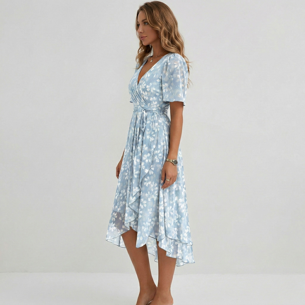 Floral tiered midi dress with fabric waist tie, three-quarter view