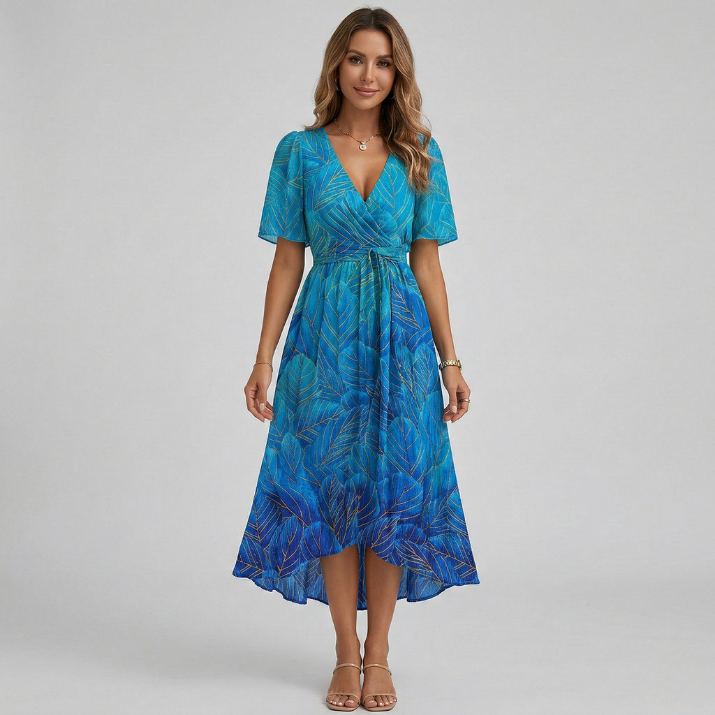 Floral print wrap tiered wedding guest midi dress in light blue, front view