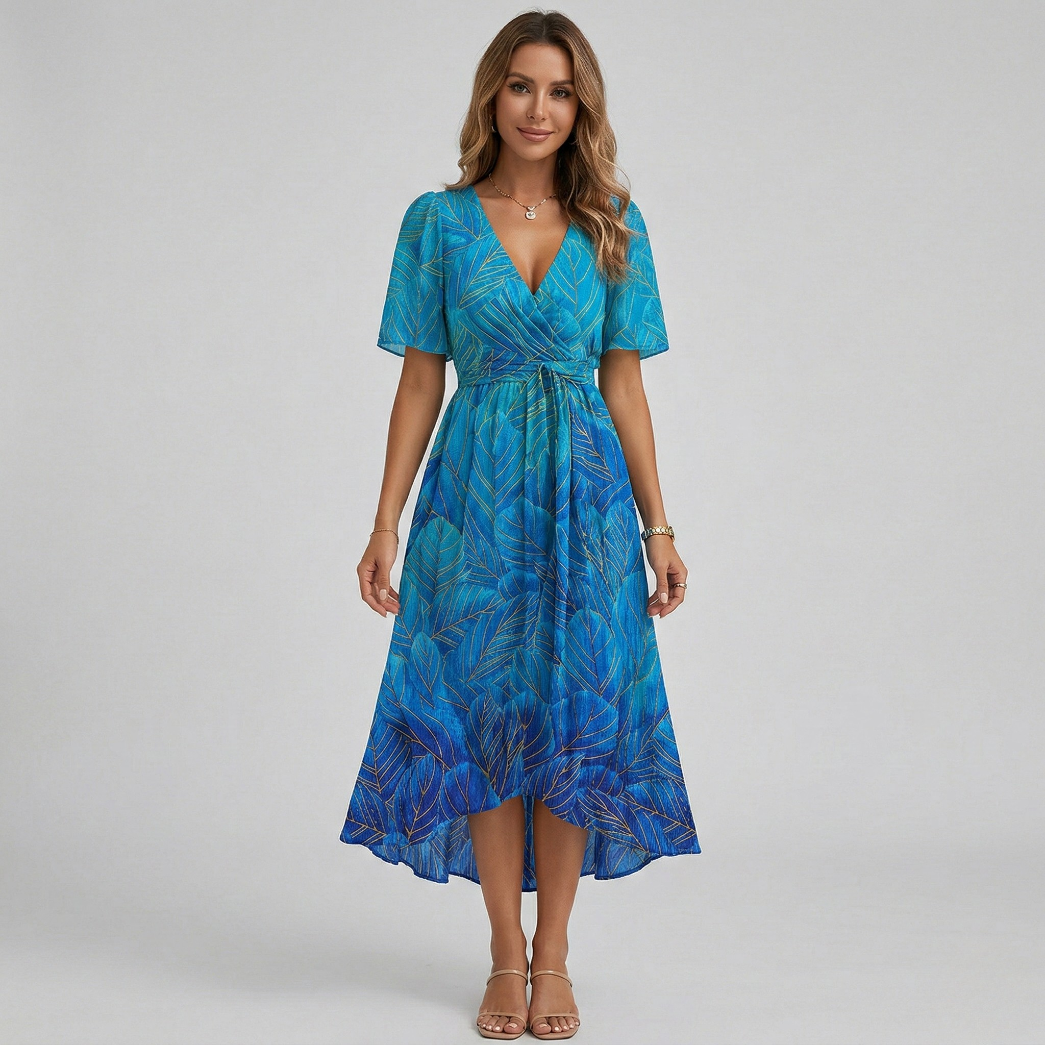 Floral print wrap tiered wedding guest midi dress in light blue, front view
