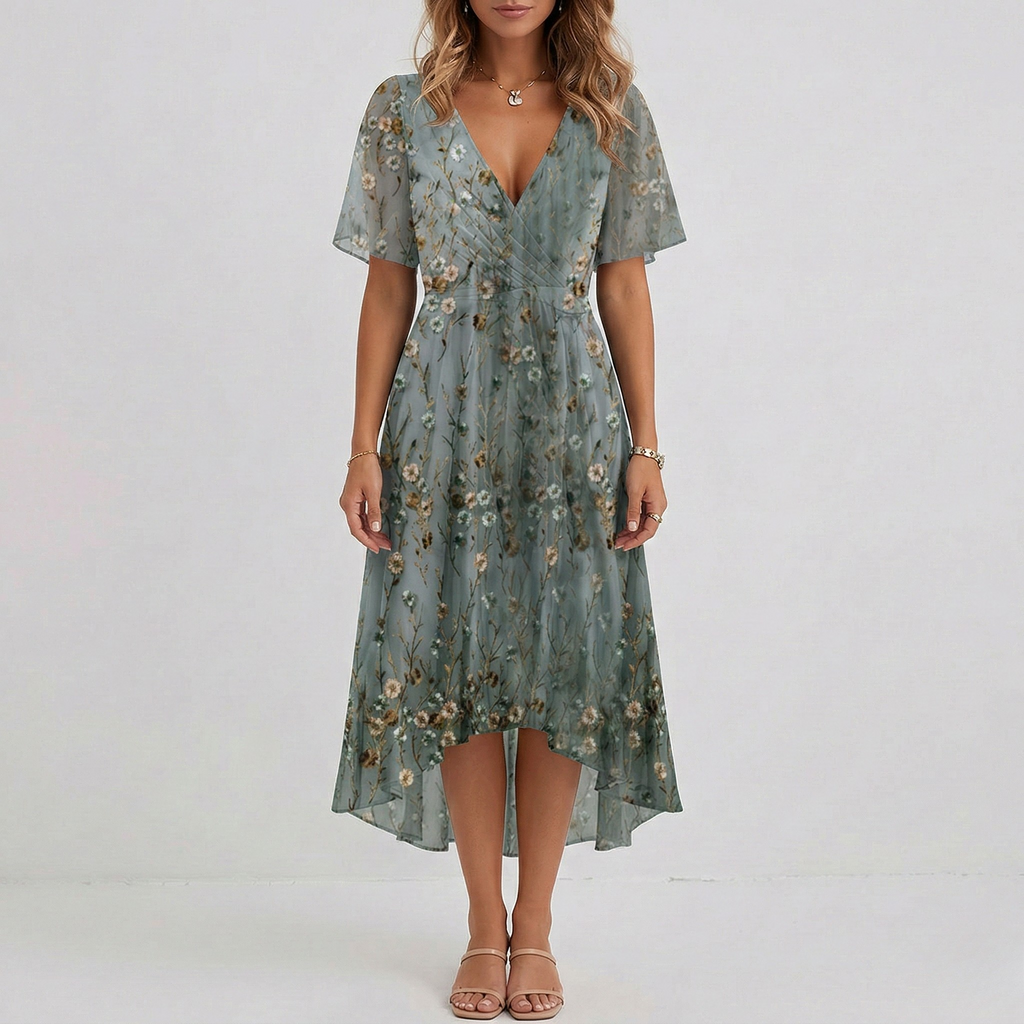 Lightweight tiered midi dress with flutter sleeves, movement shot