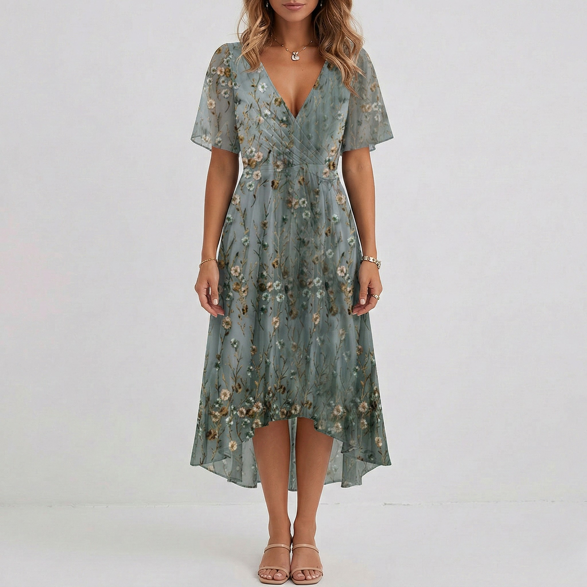 Lightweight tiered midi dress with flutter sleeves, movement shot