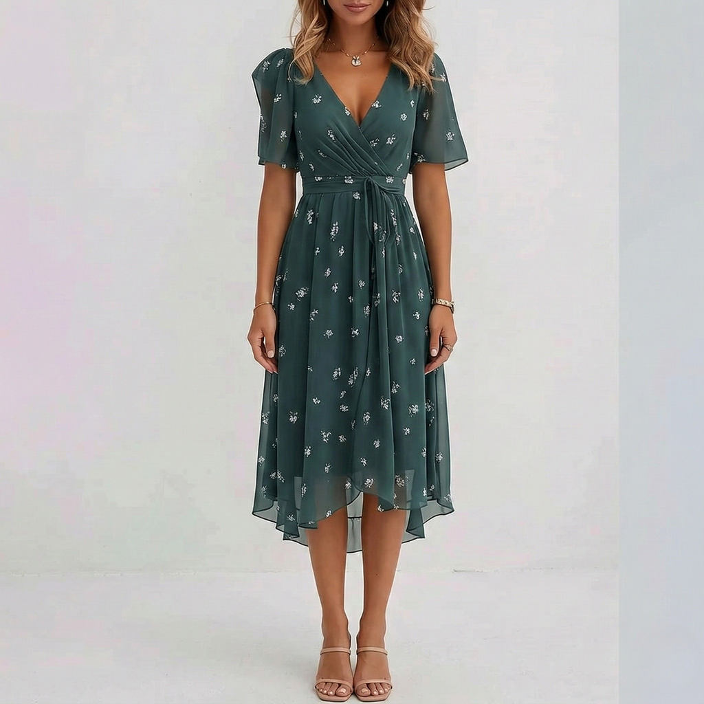 Floral print wrap midi dress in navy blue, front view