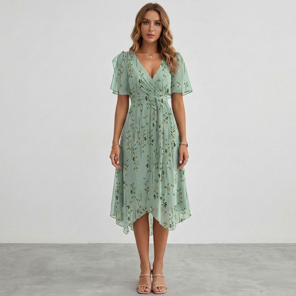 Wedding guest midi dress with tiered hem, full-length view