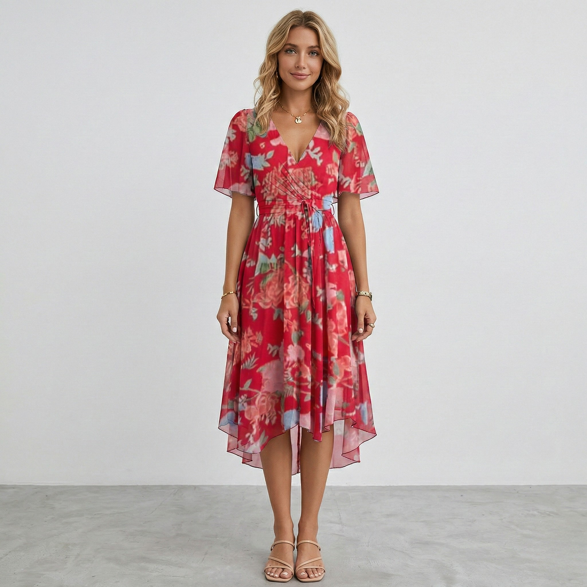 Floral wrap tiered midi dress in grey colourway